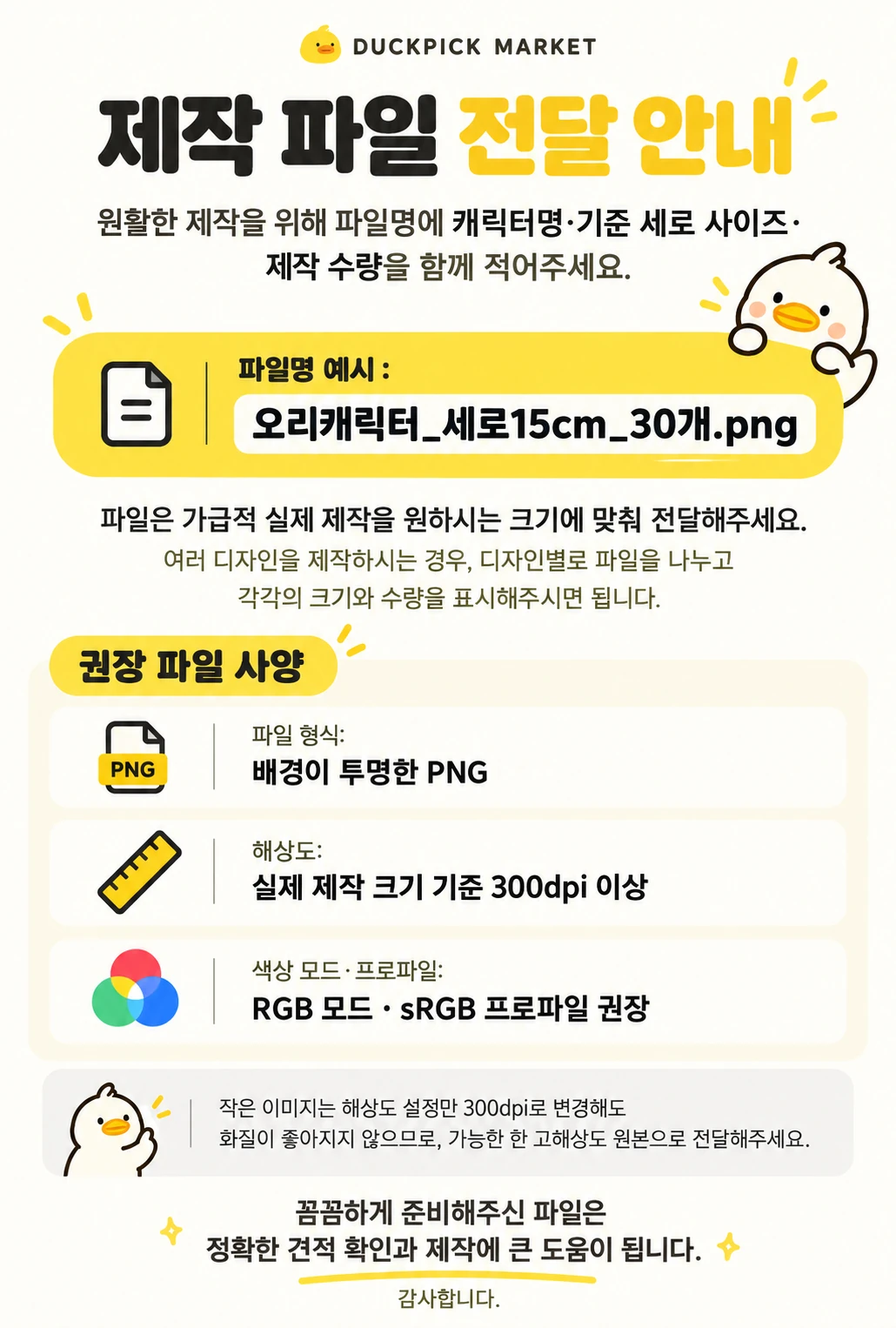 제작 파일 전달 안내 포스터. 캐릭터명·세로 크기·수량을 파일명에 표시하고, 실제 제작 크기 기준 300dpi 이상 투명 PNG, RGB·sRGB 원본을 권장합니다.